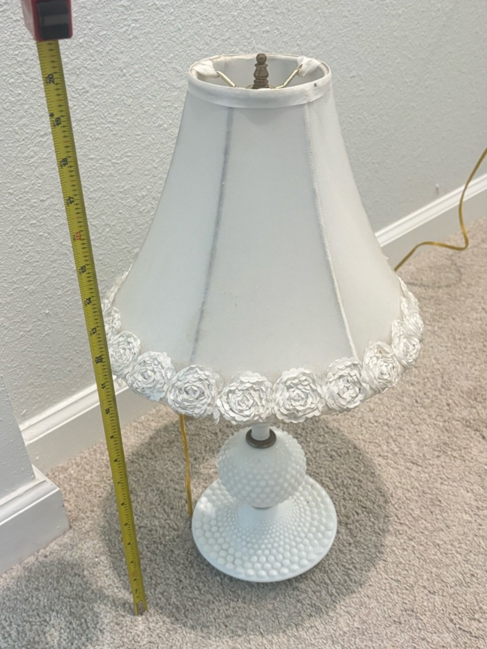 Vintage Shabby Chic White Hobnail Glass Table Lamp with Cream Fabric Shade - Picture 5 of 7